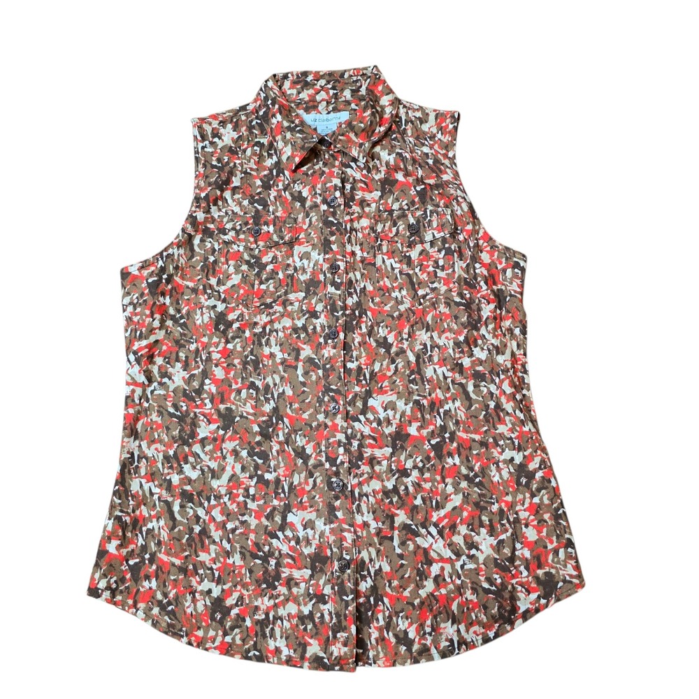 Liz Claiborne Sleeveless Button Down Shirt Top Brown Linen Blend Sz S‎ NWT